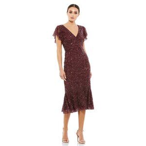 Mac Duggal Sequined V Neck Flutter Cap Sleeve Trumpet Dress Garnet 10 #8554